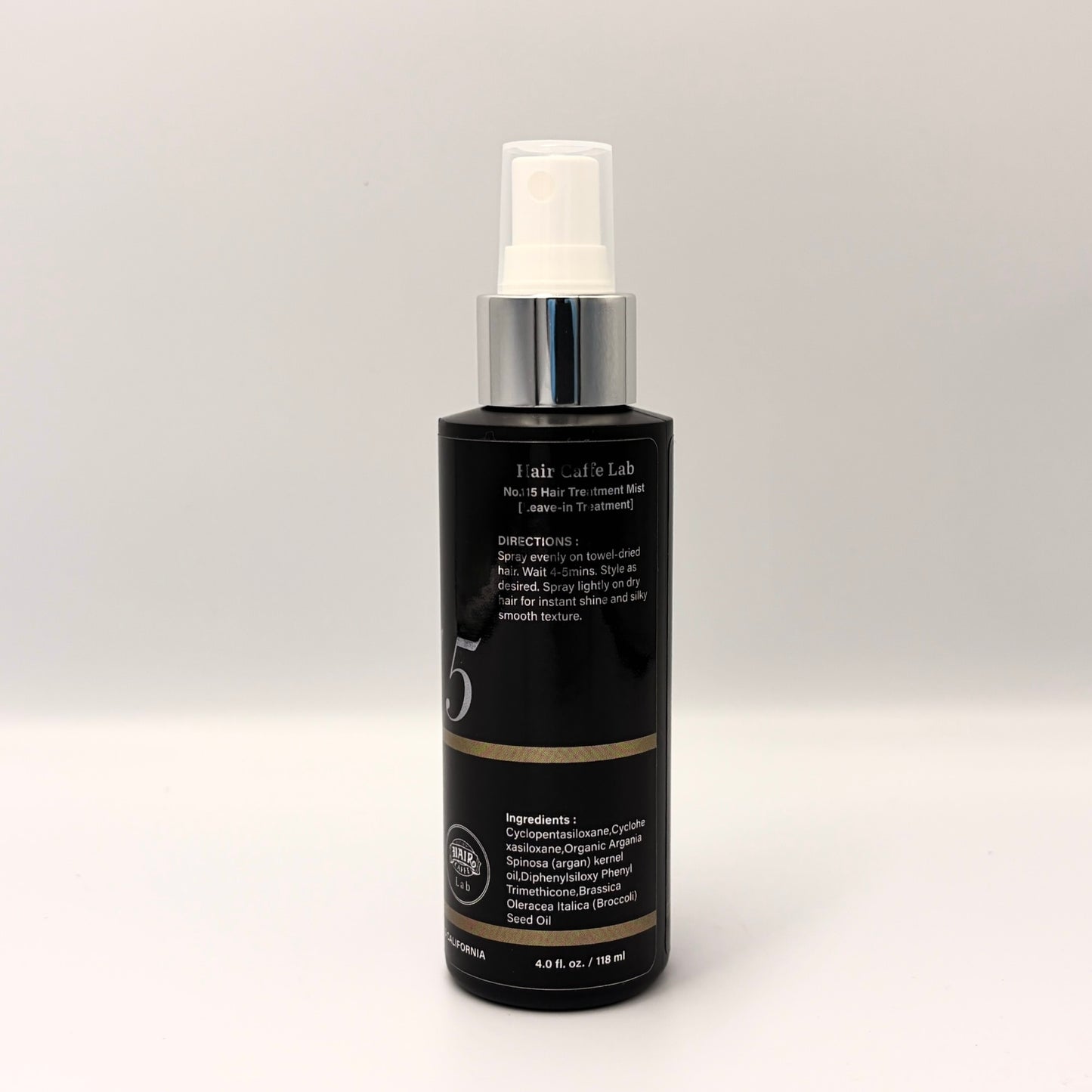 No.115 Leave-In Treatment Mist back label showing directions for use and the full INCI ingredient list, 4.0 fl. oz. / 118 ml