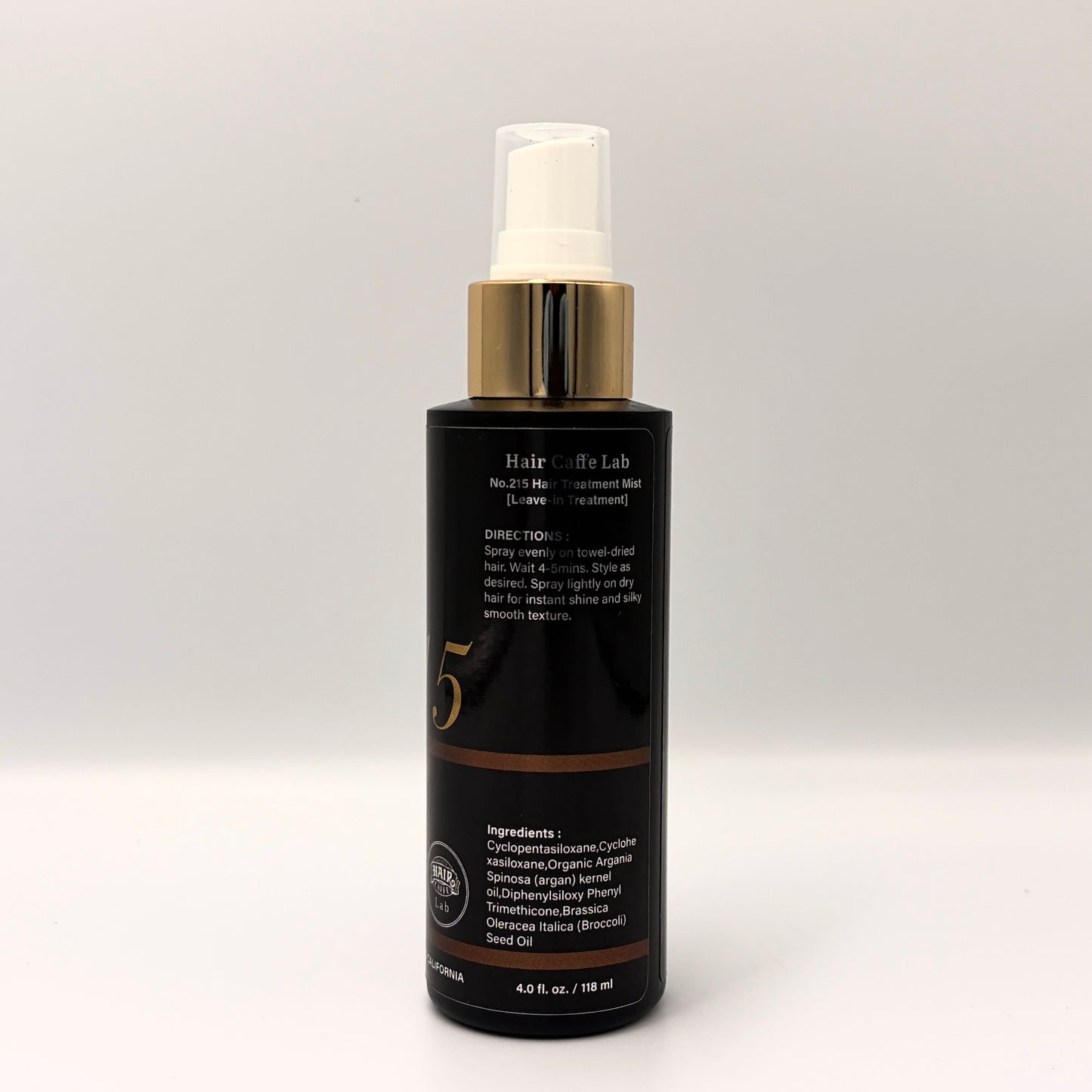 No.215 Leave-In Treatment Mist back label showing directions for use and the full INCI ingredient list, 4.0 fl. oz. / 118 ml