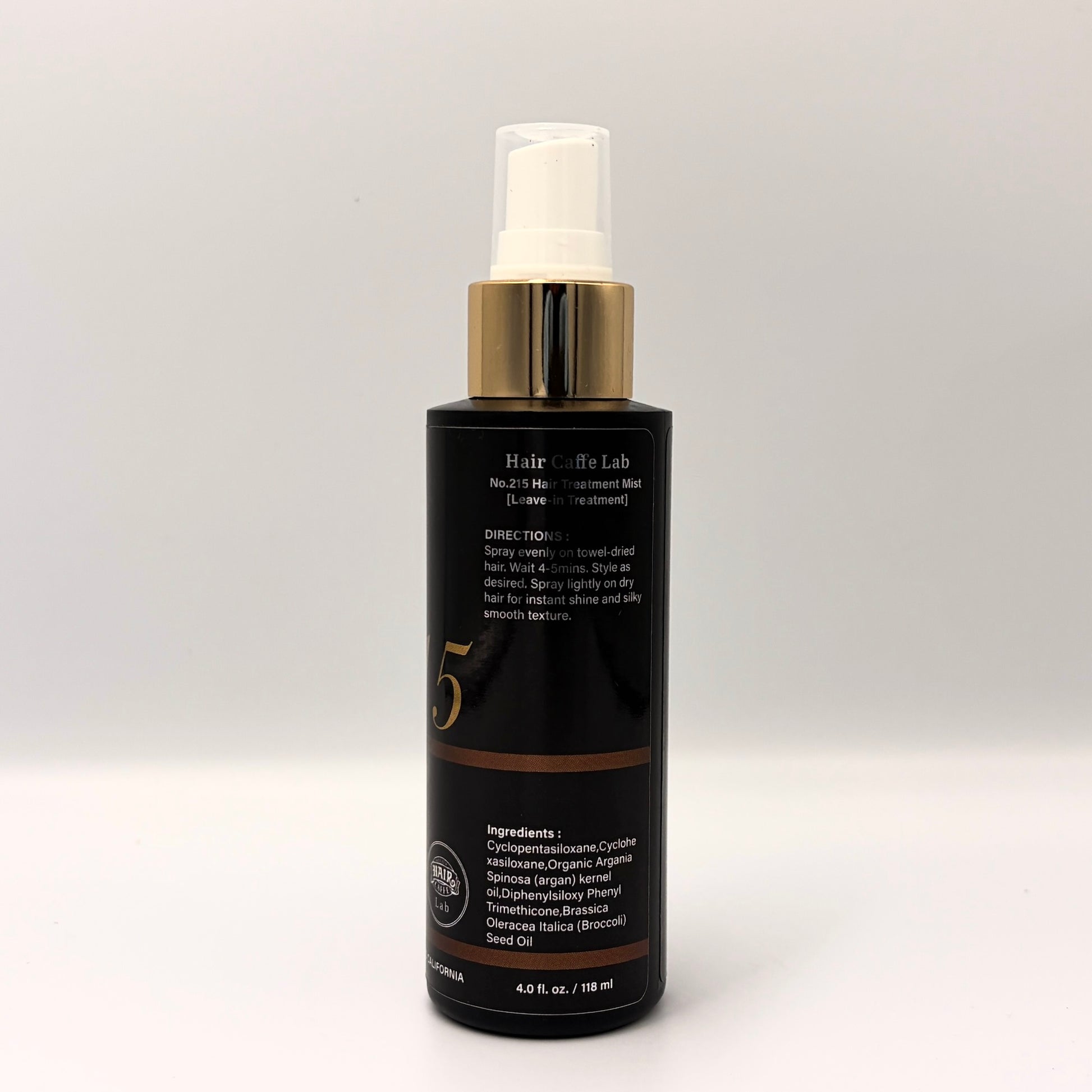 No.215 Leave-In Treatment Mist back label showing directions for use and the full INCI ingredient list, 4.0 fl. oz. / 118 ml
