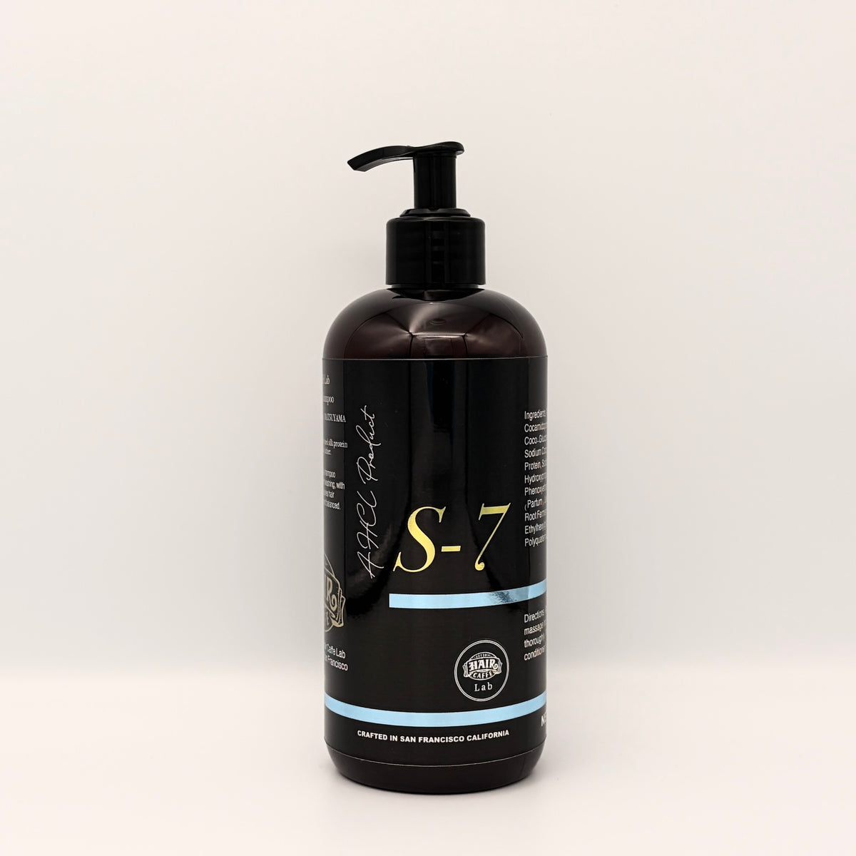 Hair Caffe Lab S-7 Daily Shampoo Standard Size, 16 fl oz / 473 mL amber pump bottle with gold S-7 wordmark, front view
