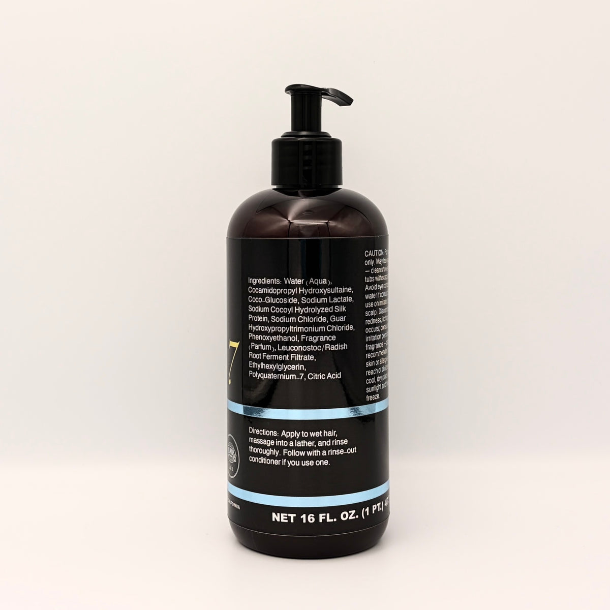 S-7 Daily Shampoo back label showing the full ingredient list, directions, and net contents 16 fl. oz. (1 pt.) 473 mL