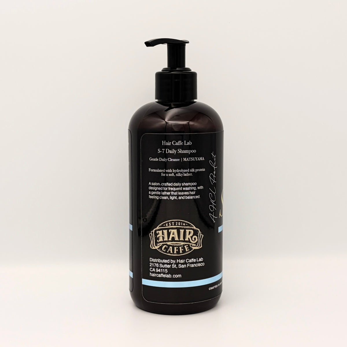 S-7 Daily Shampoo label detail: Gentle Daily Cleanse, MATSUYAMA scent, and hydrolyzed silk protein for a silky lather
