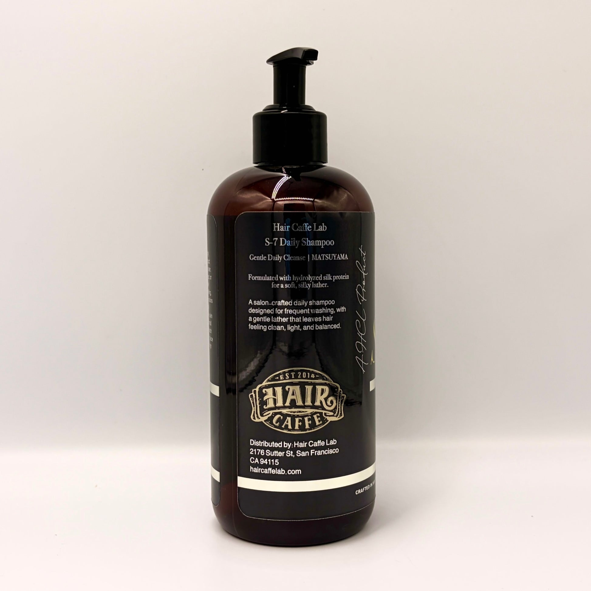 S-7 Daily Shampoo label detail: Gentle Daily Cleanse, MATSUYAMA scent, hydrolyzed silk protein
