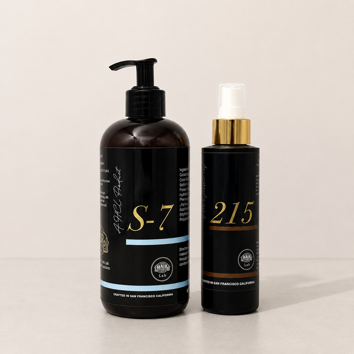Hair Caffe Lab 2-Step Routine Set: S-7 Daily Shampoo 16 fl oz beside the No.215 leave-in treatment mist, 4 fl oz